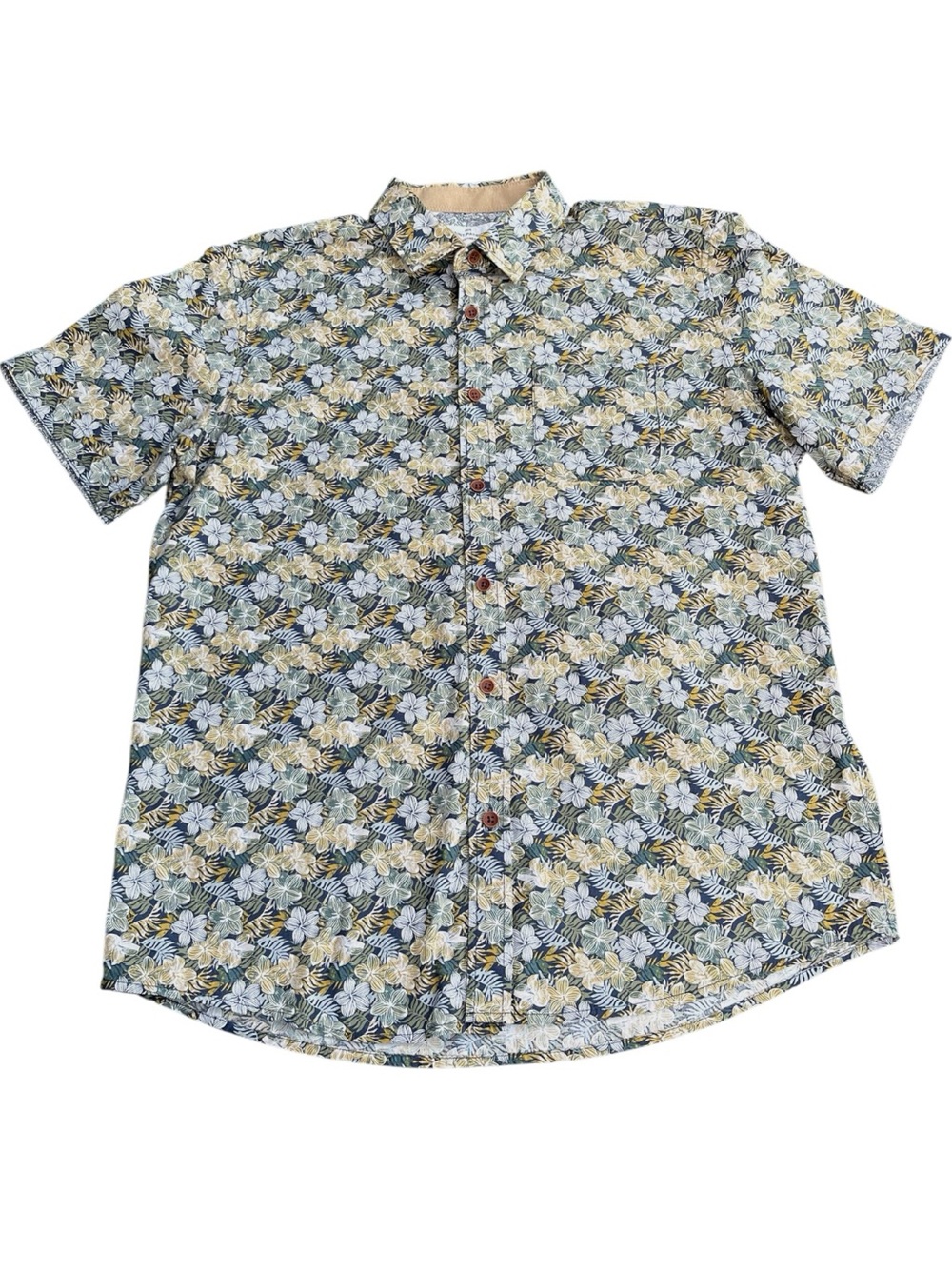 Rue Saint-Patrick Cotton Floral Short Sleeve Button Up Shirt (S/M)